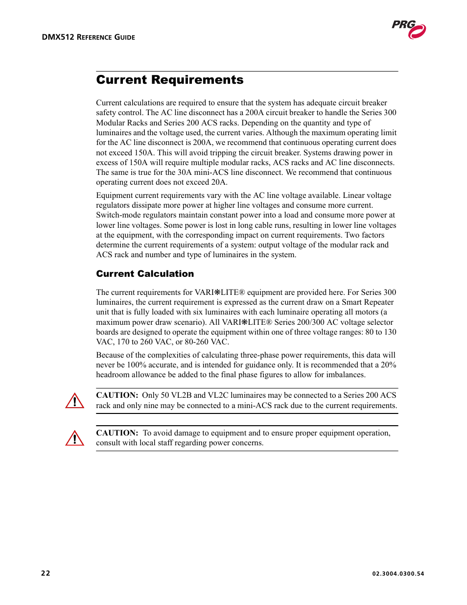 Current requirements, Current calculation | PRG Controlling VARI-LITE Equipment Using DMX 512 User Manual | Page 30 / 176
