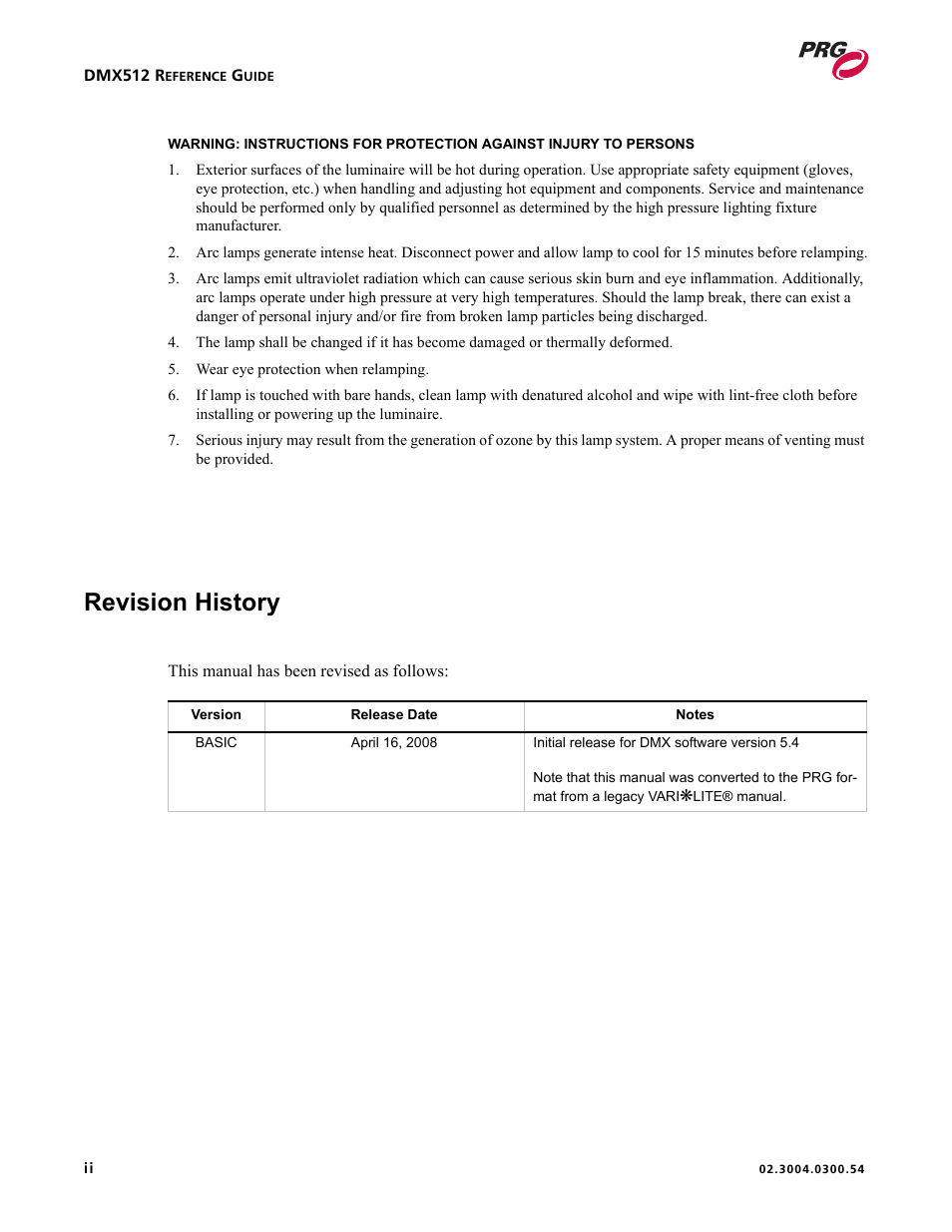 Revision history | PRG Controlling VARI-LITE Equipment Using DMX 512 User Manual | Page 4 / 176