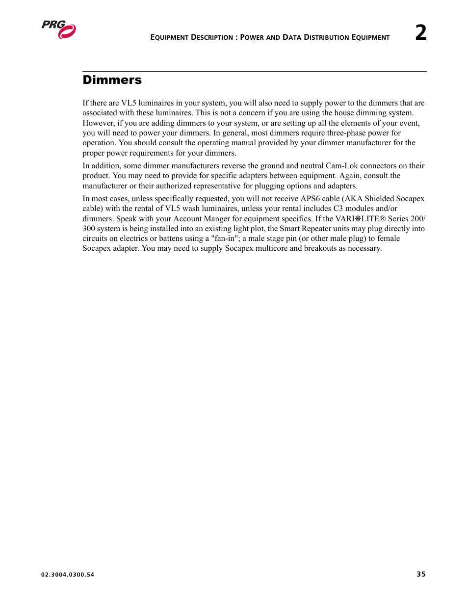 Dimmers | PRG Controlling VARI-LITE Equipment Using DMX 512 User Manual | Page 43 / 176