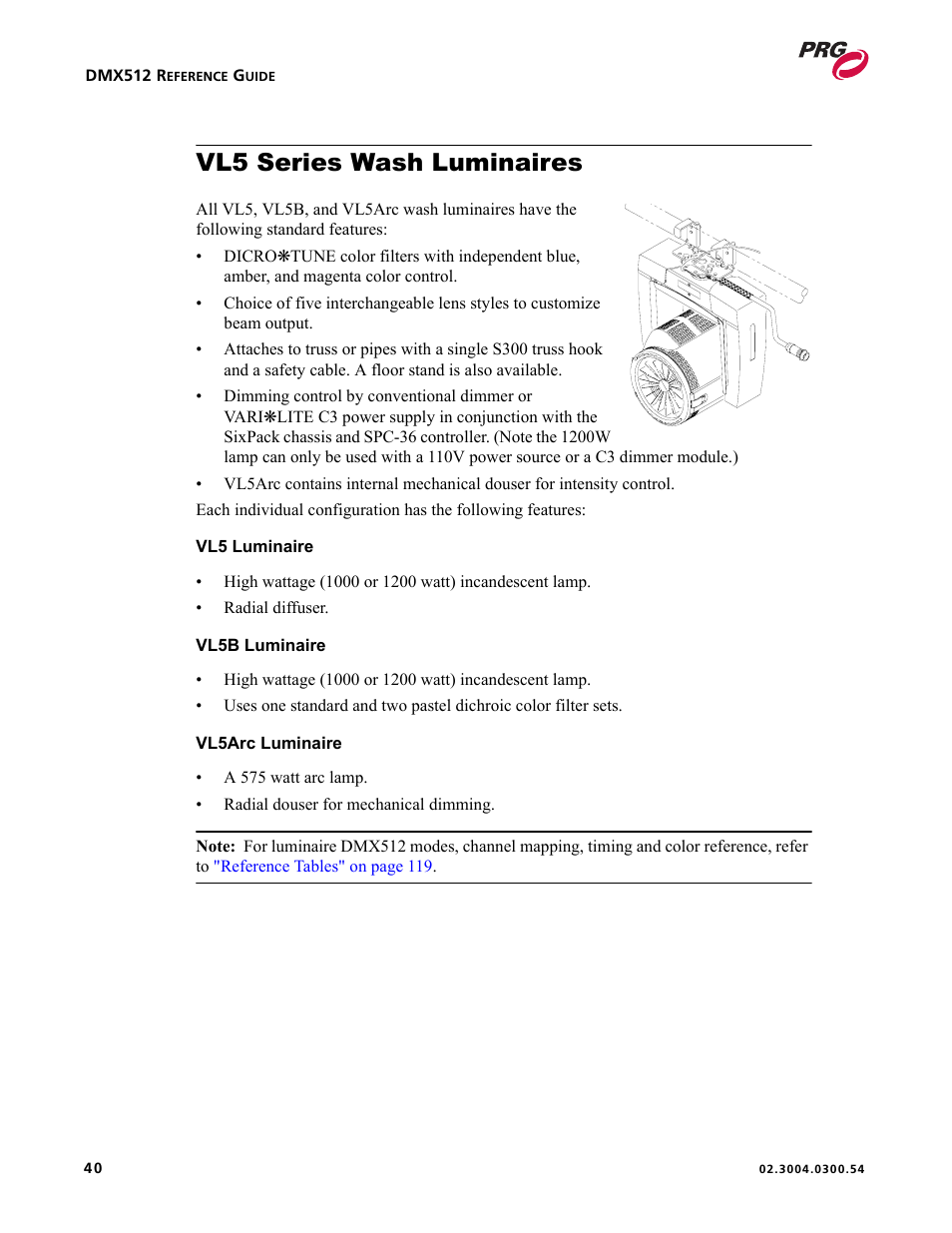 Vl5 series wash luminaires | PRG Controlling VARI-LITE Equipment Using DMX 512 User Manual | Page 48 / 176