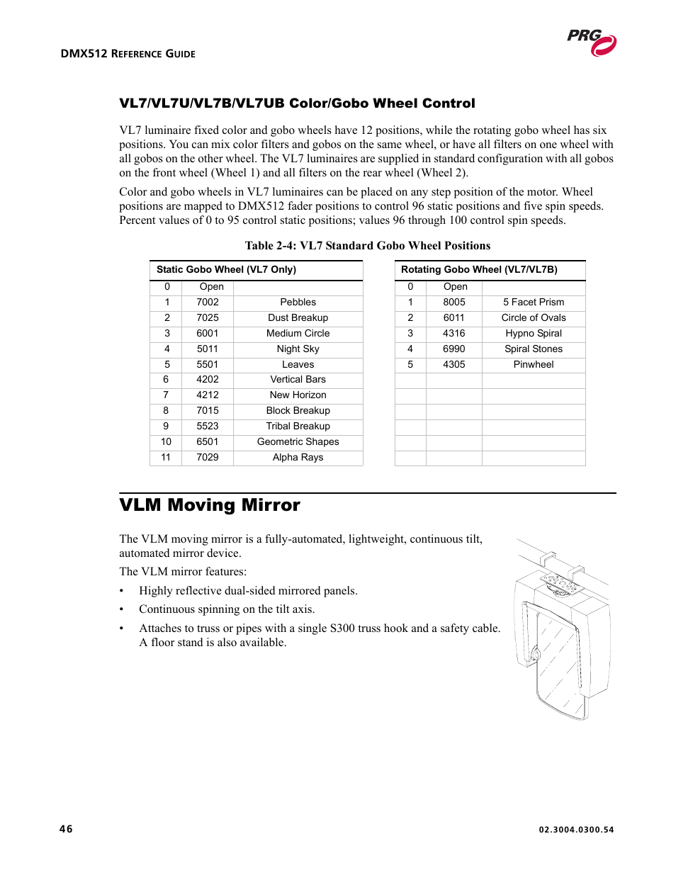 Vl7/vl7u/vl7b/vl7ub color/gobo wheel control, Vlm moving mirror | PRG Controlling VARI-LITE Equipment Using DMX 512 User Manual | Page 54 / 176