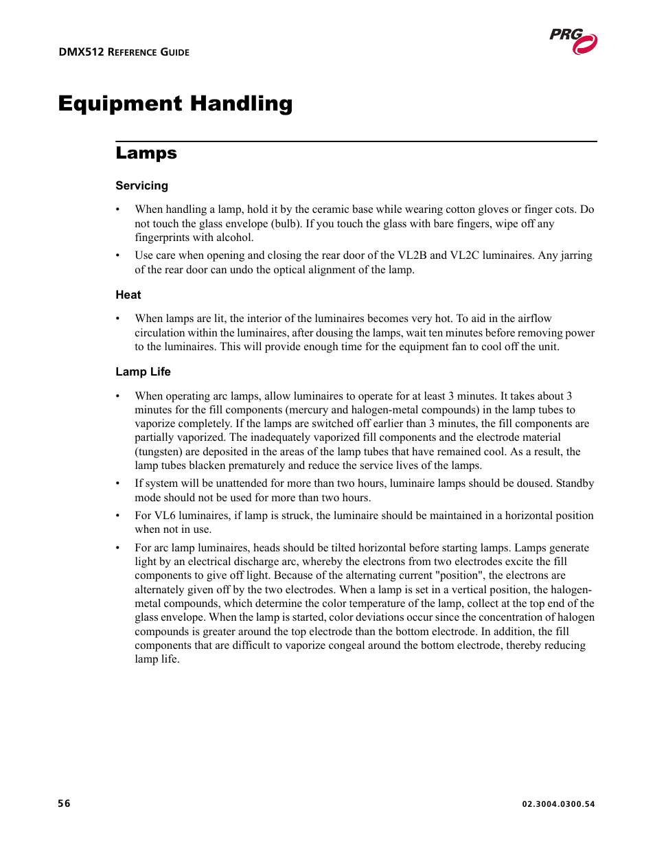 Equipment handling, Lamps | PRG Controlling VARI-LITE Equipment Using DMX 512 User Manual | Page 64 / 176