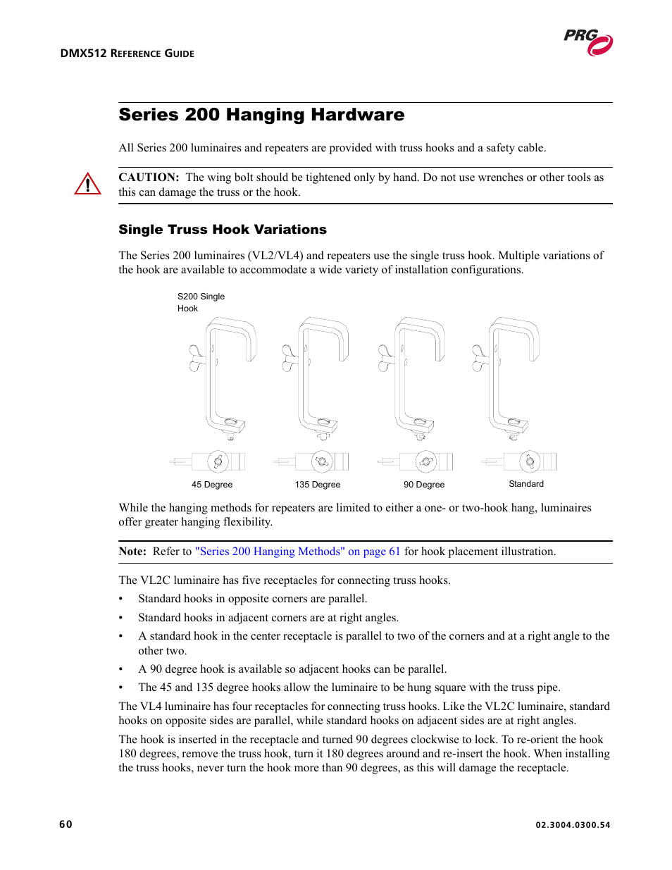 Series 200 hanging hardware, Single truss hook variations | PRG Controlling VARI-LITE Equipment Using DMX 512 User Manual | Page 68 / 176