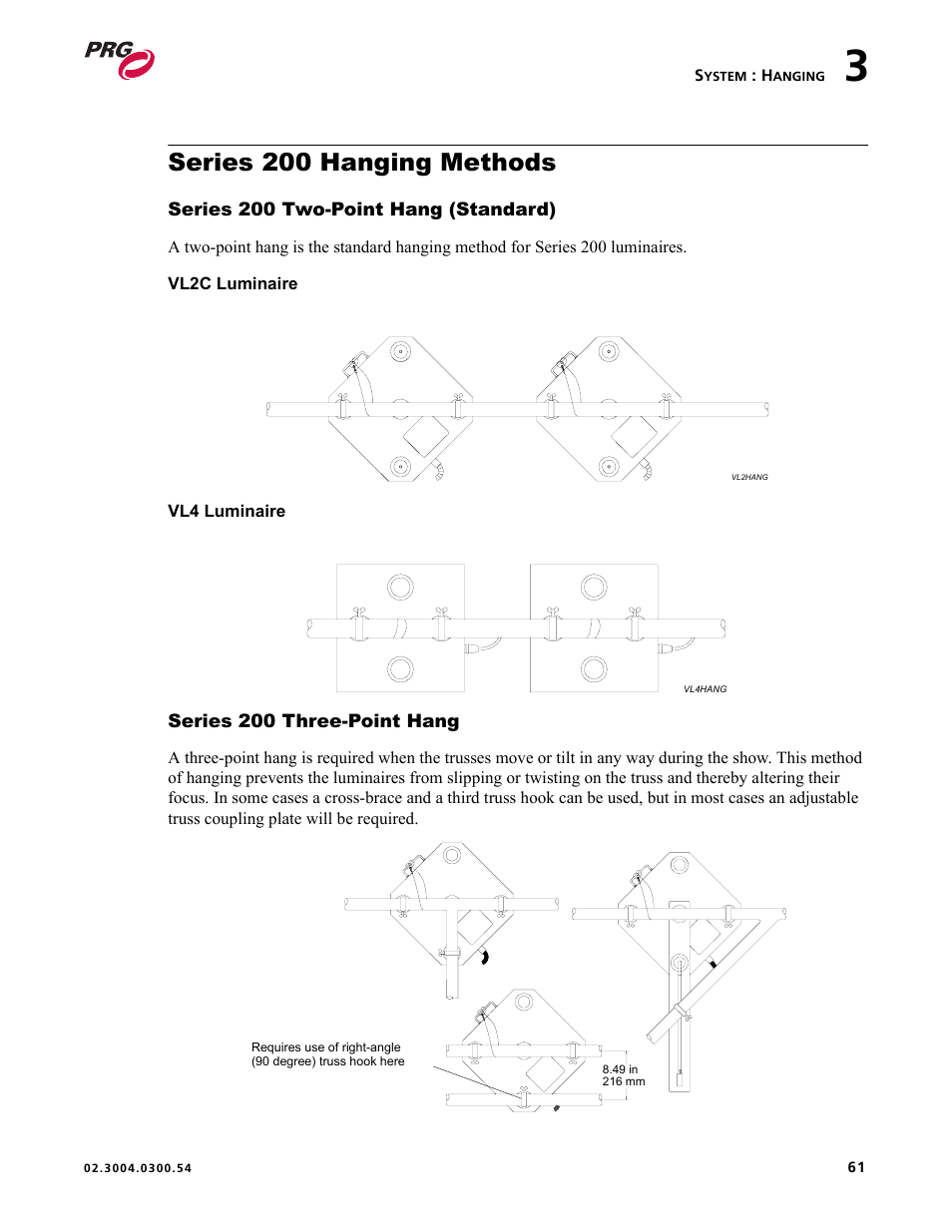 Series 200 hanging methods, Series 200 two-point hang (standard), Series 200 three-point hang | PRG Controlling VARI-LITE Equipment Using DMX 512 User Manual | Page 69 / 176