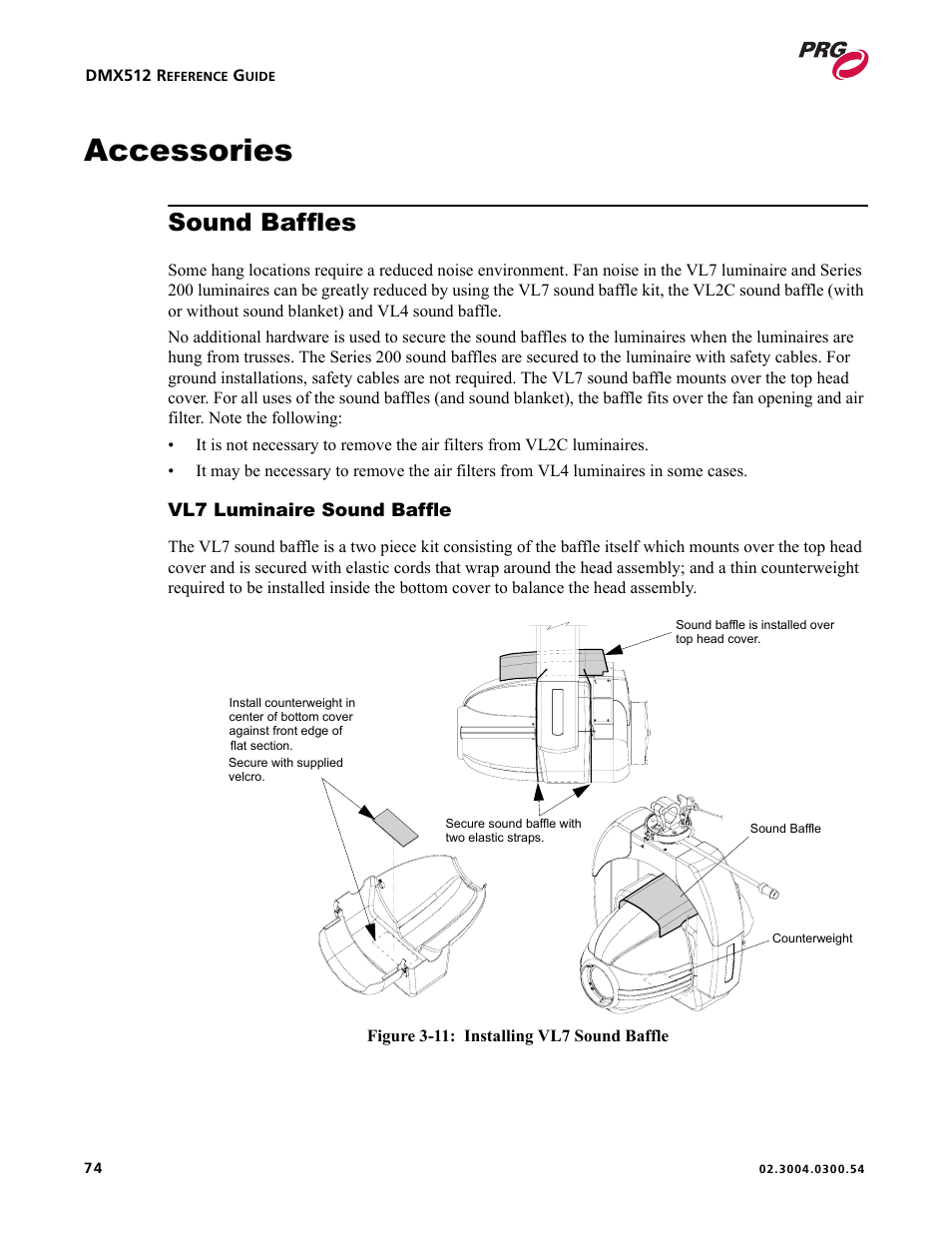 Accessories, Sound baffles, Vl7 luminaire sound baffle | PRG Controlling VARI-LITE Equipment Using DMX 512 User Manual | Page 82 / 176