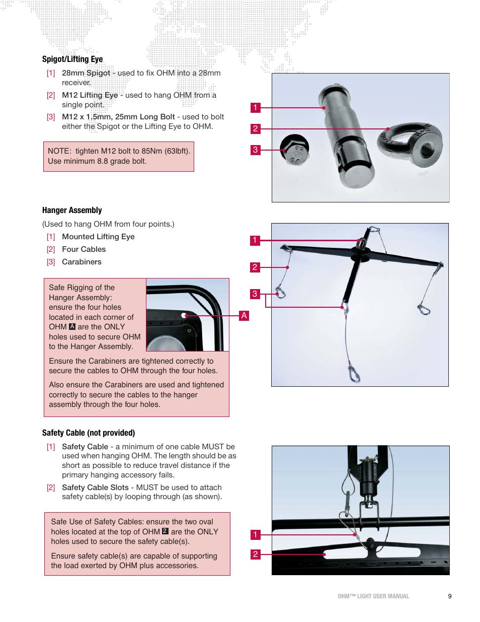 Spigot/lifting eye, Hanger assembly, Safety cable (not provided) | PRG OHM User Manual 1.12 User Manual | Page 11 / 26