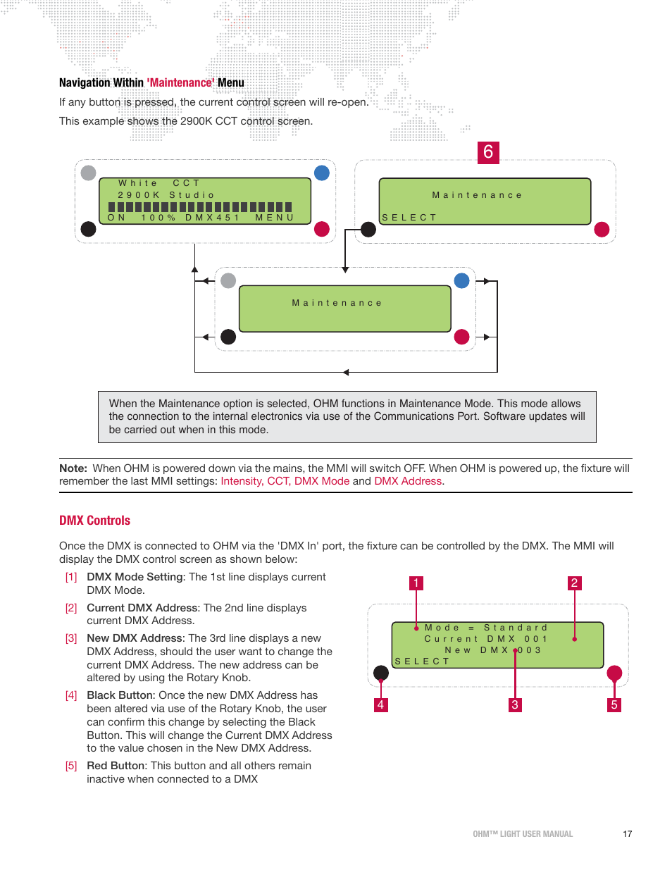 Navigation within 'maintenance' menu, Dmx controls | PRG OHM User Manual 1.12 User Manual | Page 19 / 26