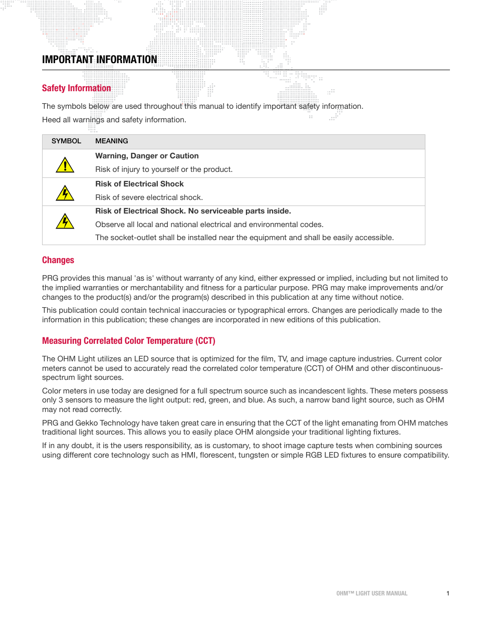 Important information, Safety information, Changes | Measuring correlated color temperature (cct) | PRG OHM User Manual 1.12 User Manual | Page 3 / 26