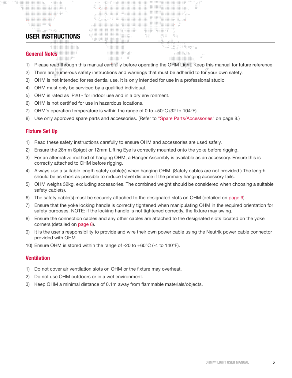 User instructions, General notes, Fixture set up | Ventilation, General notes fixture set up ventilation | PRG OHM User Manual 1.12 User Manual | Page 7 / 26