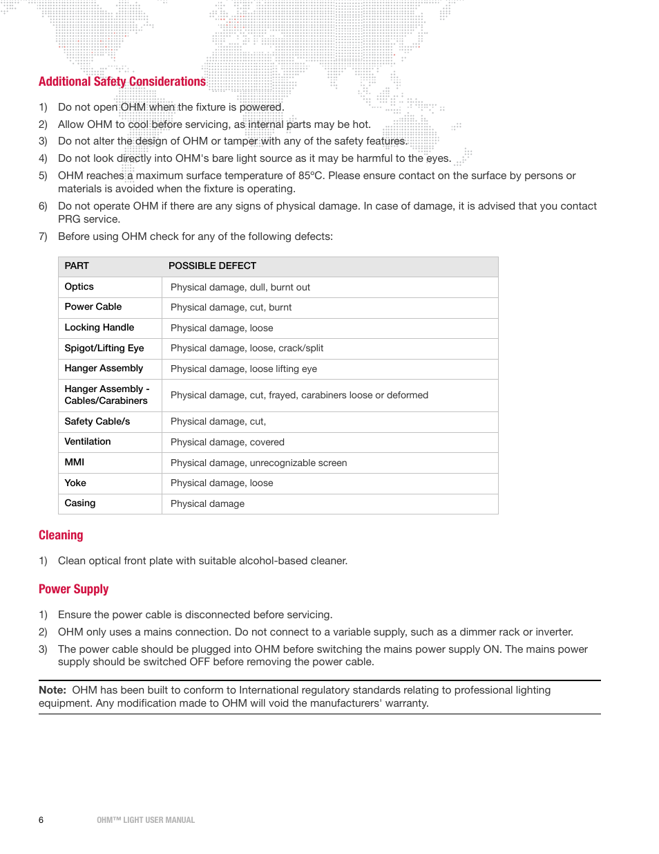 Additional safety considerations, Cleaning, Power supply | PRG OHM User Manual 1.12 User Manual | Page 8 / 26