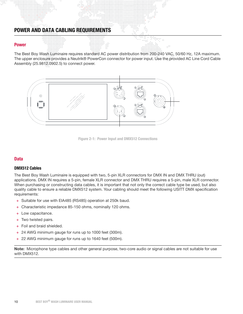 Power and data cabling requirements, Power, Data | Dmx512 cables | PRG Best Boy Wash User Manual User Manual | Page 18 / 92