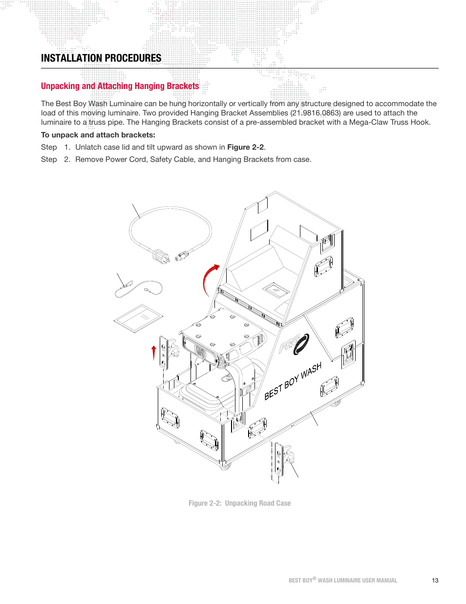 Installation procedures, Unpacking and attaching hanging brackets | PRG Best Boy Wash User Manual User Manual | Page 21 / 92