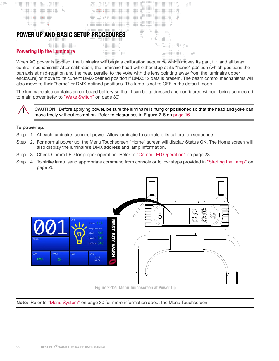 Power up and basic setup procedures, Powering up the luminaire | PRG Best Boy Wash User Manual User Manual | Page 30 / 92