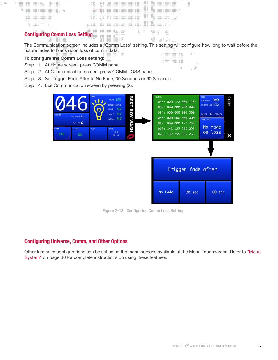 Configuring comm loss setting, Configuring universe, comm, and other options | PRG Best Boy Wash User Manual User Manual | Page 35 / 92