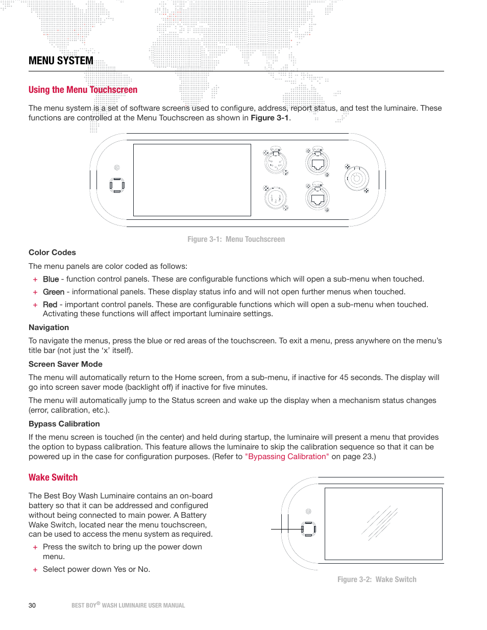 Menu system, Using the menu touchscreen, Wake switch | PRG Best Boy Wash User Manual User Manual | Page 38 / 92