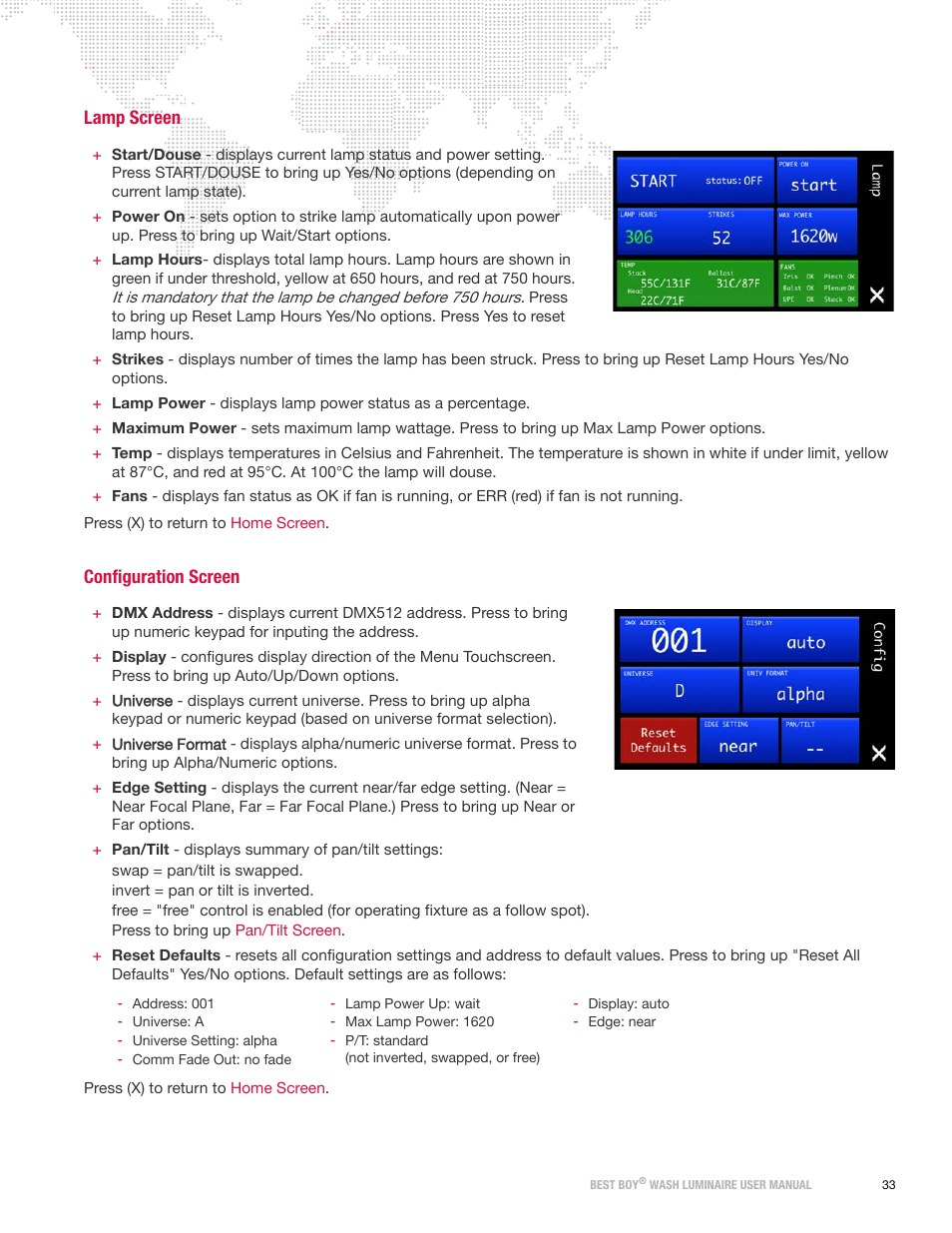 Lamp screen, Configuration screen | PRG Best Boy Wash User Manual User Manual | Page 41 / 92