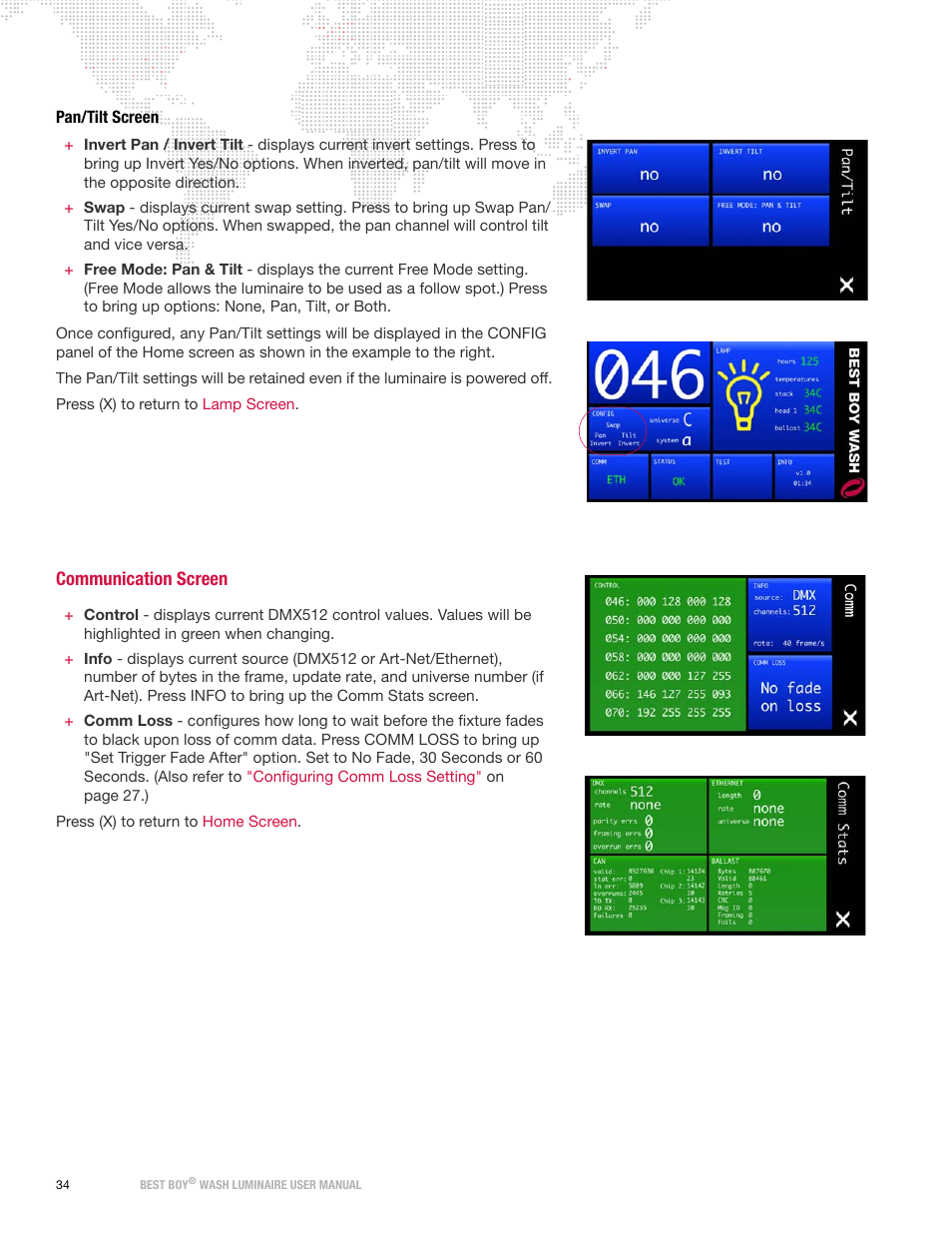 Pan/tilt screen, Communication screen | PRG Best Boy Wash User Manual User Manual | Page 42 / 92