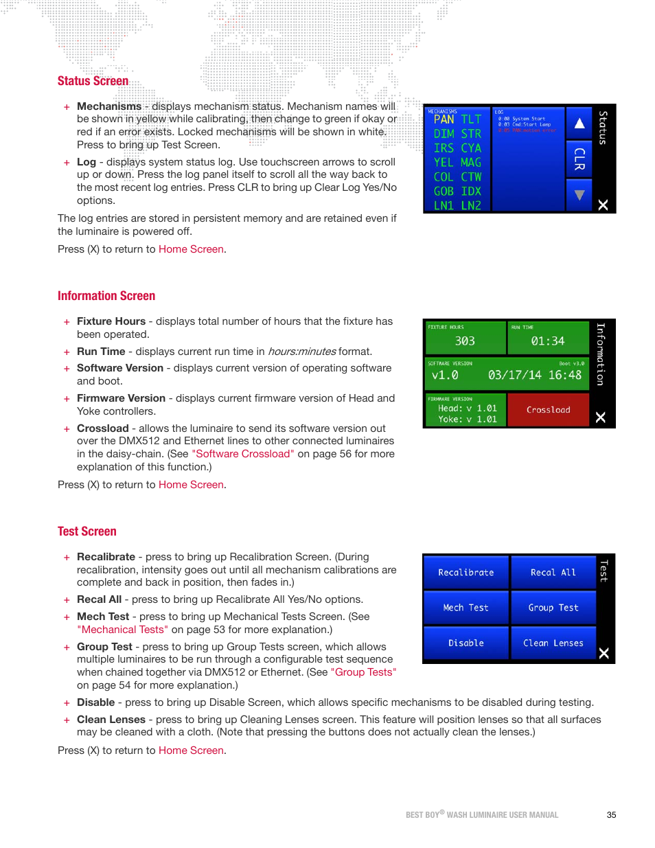 Status screen, Information screen, Test screen | PRG Best Boy Wash User Manual User Manual | Page 43 / 92