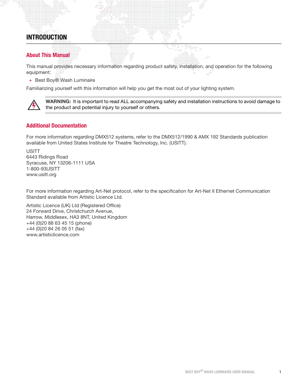 Introduction, About this manual, Additional documentation | PRG Best Boy Wash User Manual User Manual | Page 9 / 92