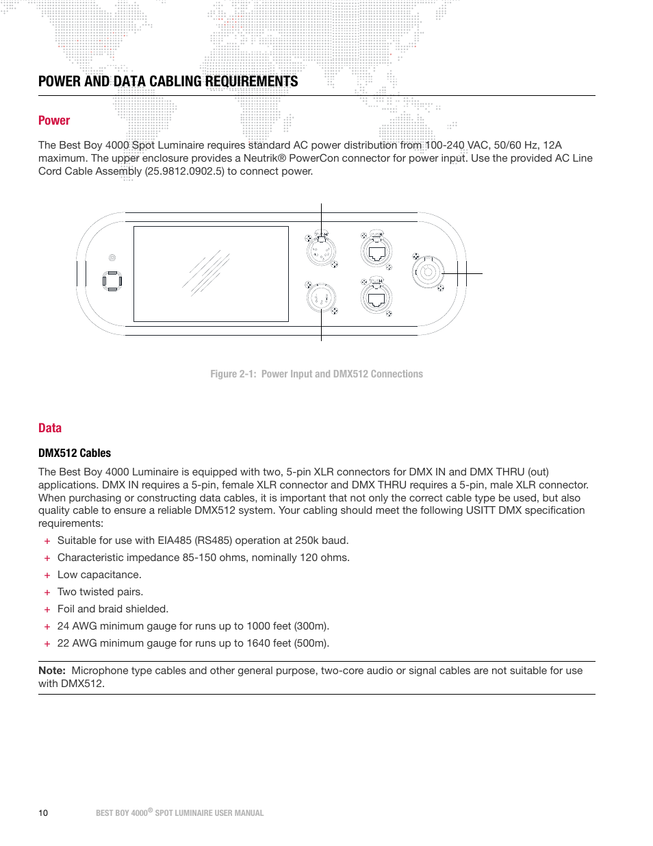 Power and data cabling requirements, Power, Data | Dmx512 cables, Power data | PRG Best Boy 4000 User Manual User Manual | Page 18 / 102