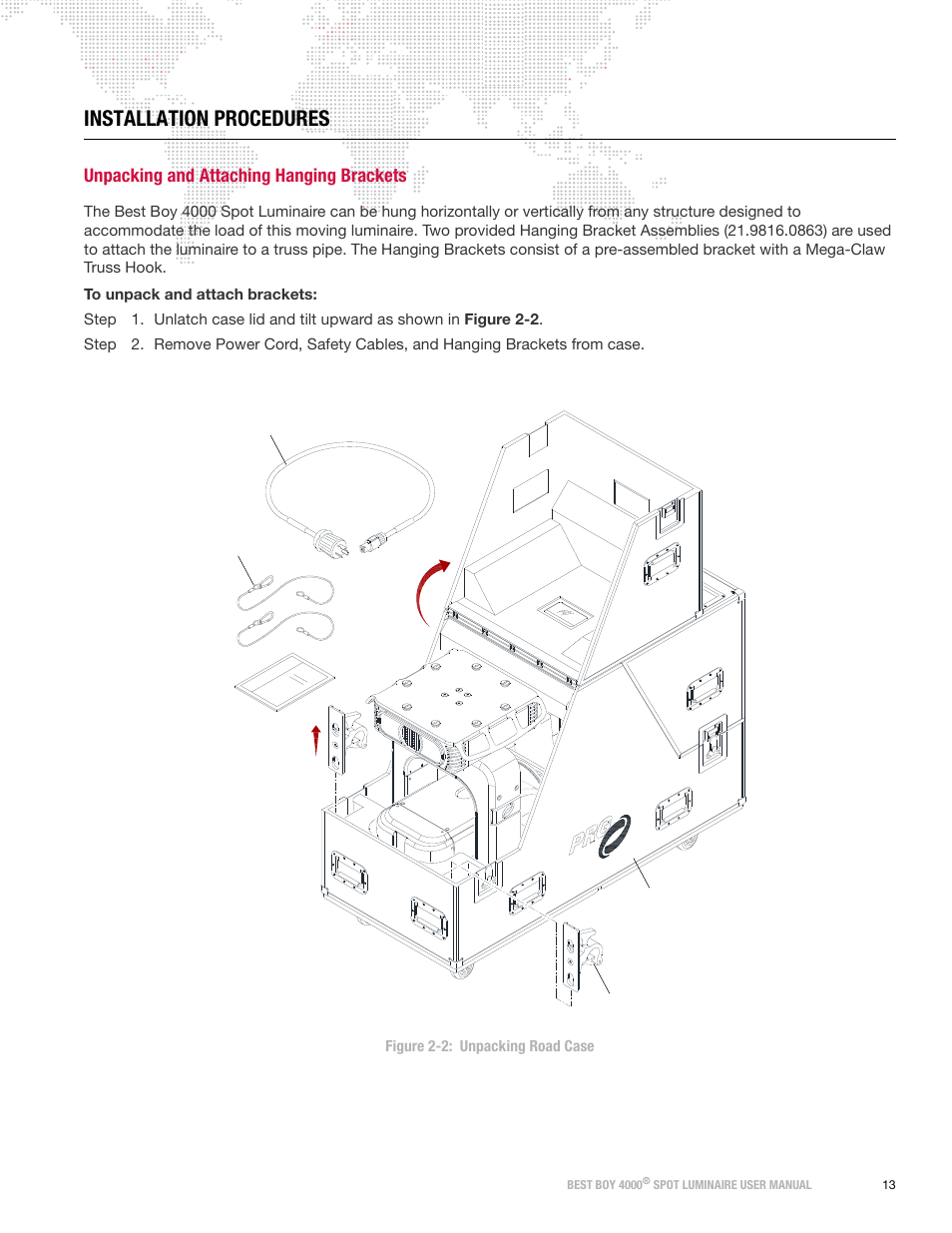 Installation procedures, Unpacking and attaching hanging brackets | PRG Best Boy 4000 User Manual User Manual | Page 21 / 102