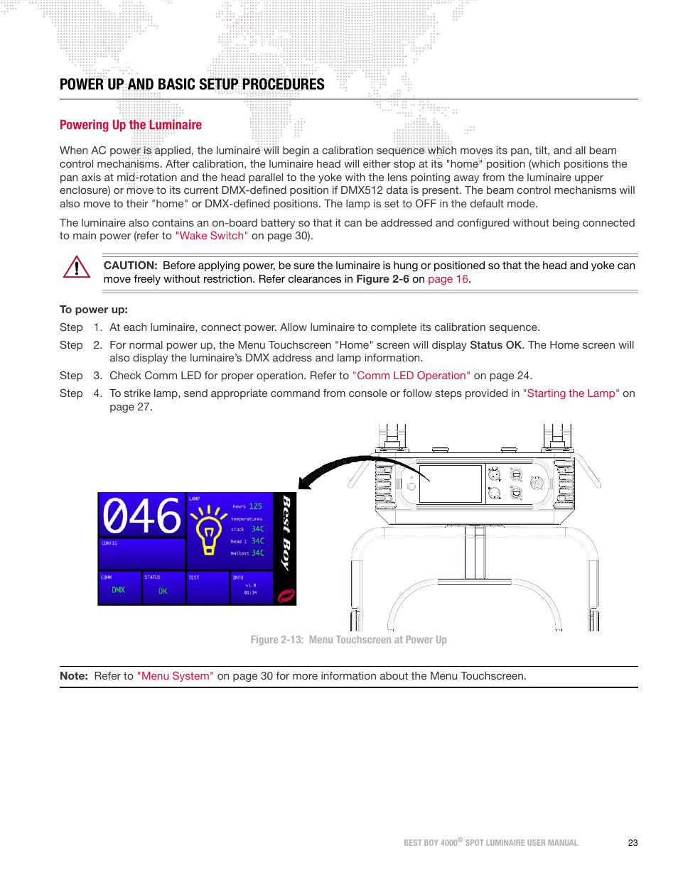 Power up and basic setup procedures, Powering up the luminaire | PRG Best Boy 4000 User Manual User Manual | Page 31 / 102