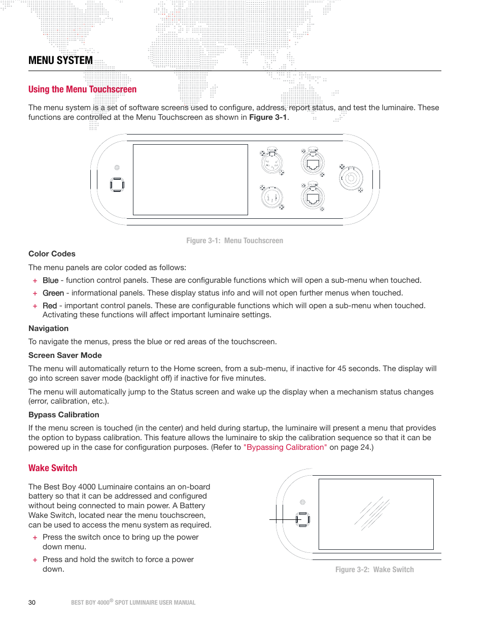 Menu system, Using the menu touchscreen, Wake switch | Using the menu touchscreen wake switch, Refer to | PRG Best Boy 4000 User Manual User Manual | Page 38 / 102