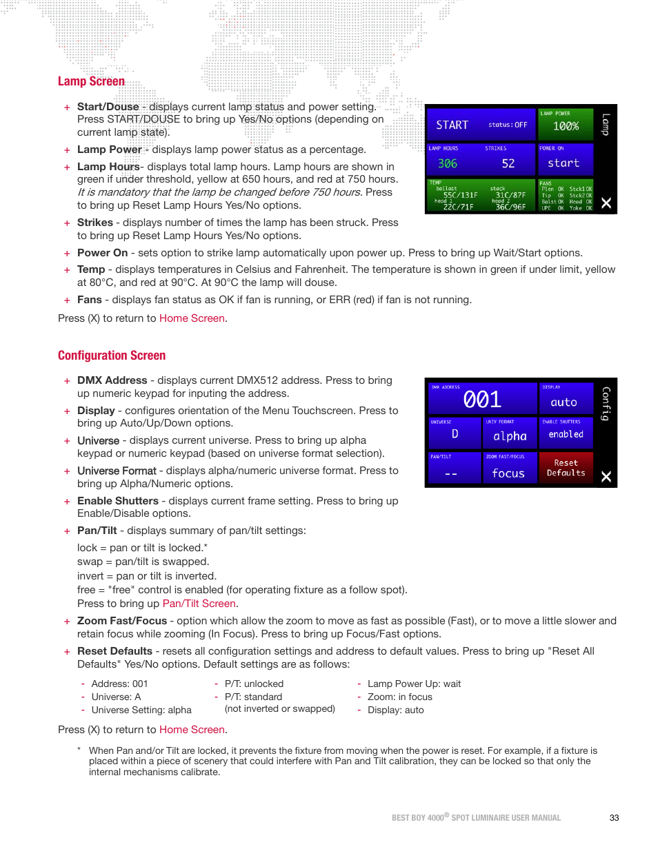 Lamp screen, Configuration screen, To open | PRG Best Boy 4000 User Manual User Manual | Page 41 / 102