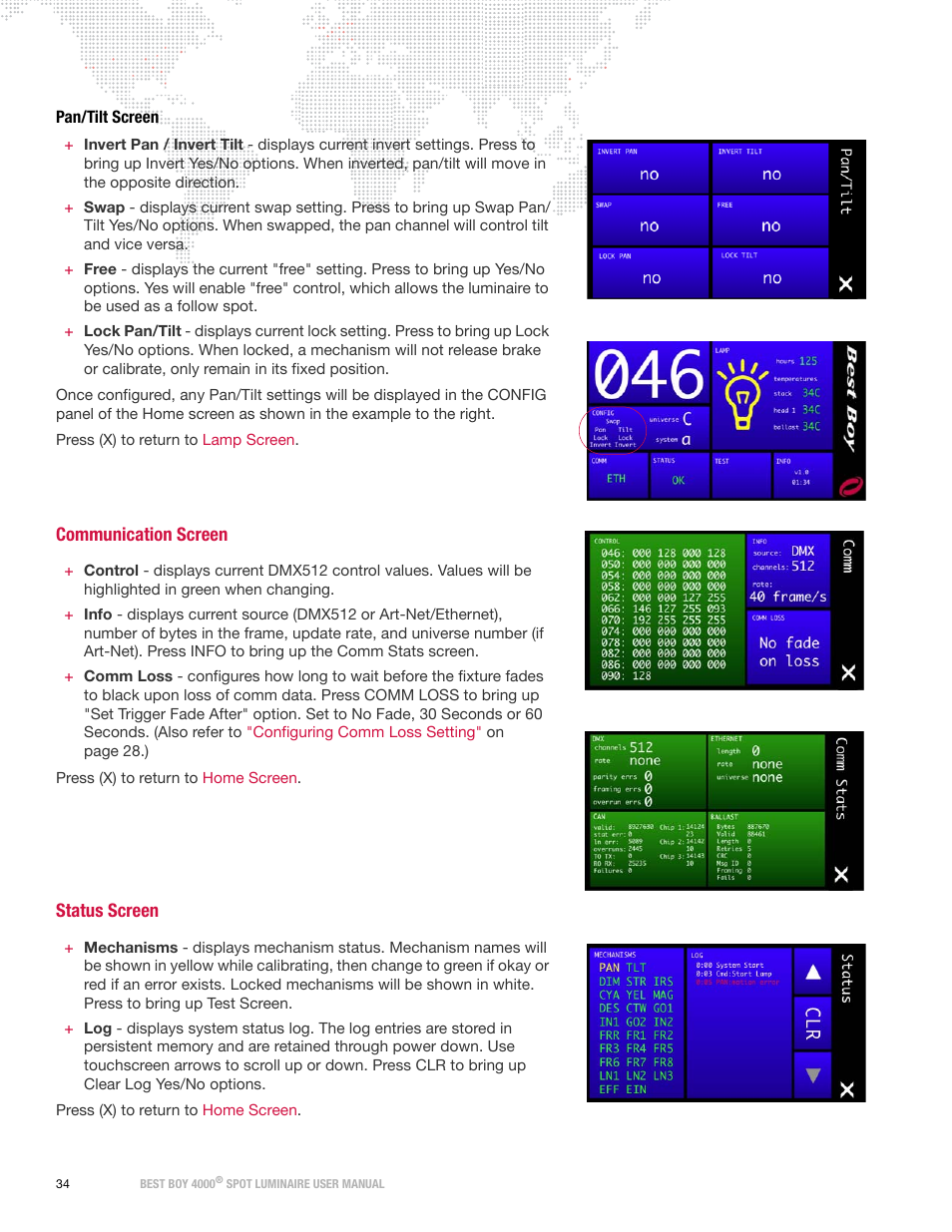 Pan/tilt screen, Communication screen, Status screen | Communication screen status screen, To open | PRG Best Boy 4000 User Manual User Manual | Page 42 / 102