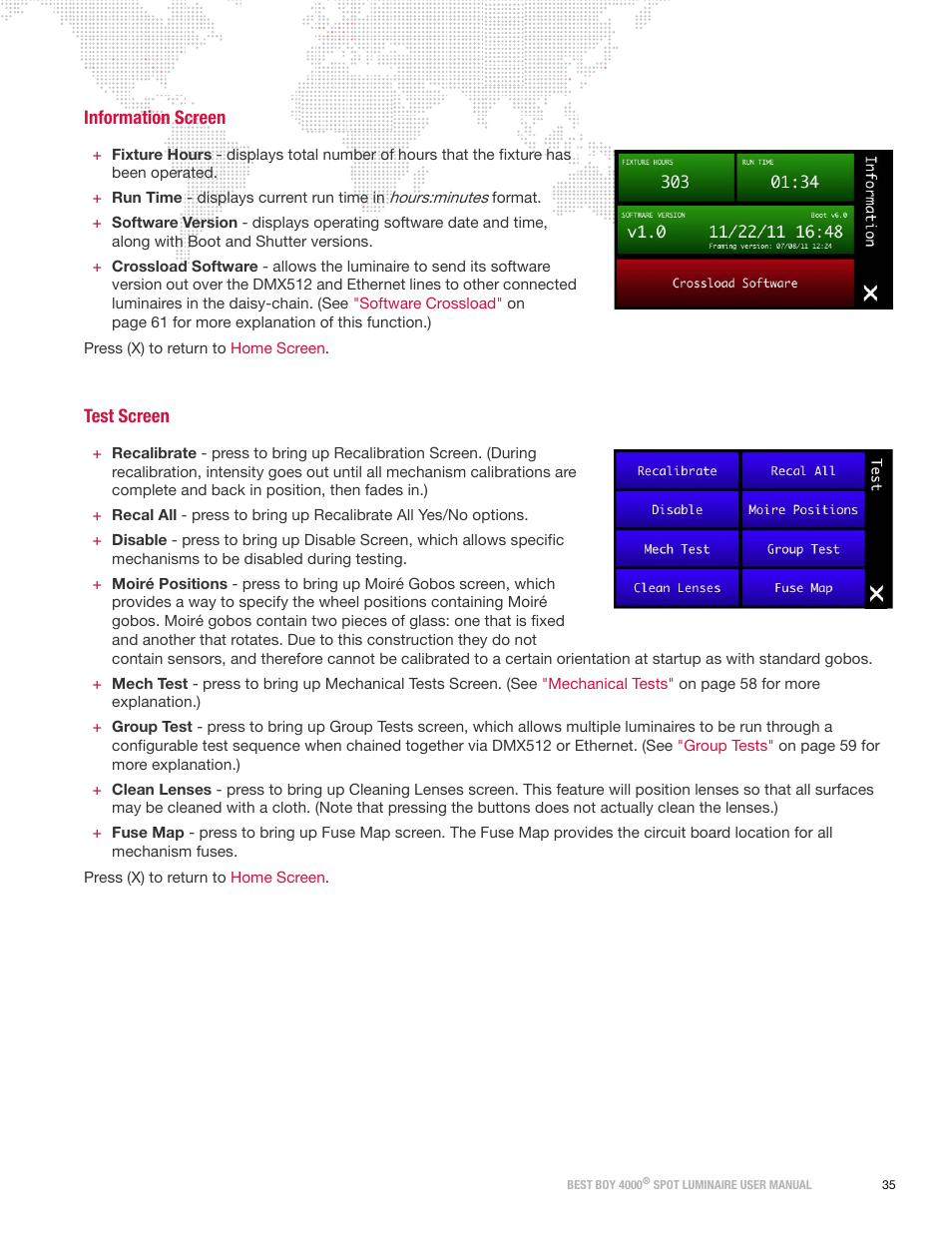 Information screen, Test screen, Information screen test screen | To open | PRG Best Boy 4000 User Manual User Manual | Page 43 / 102