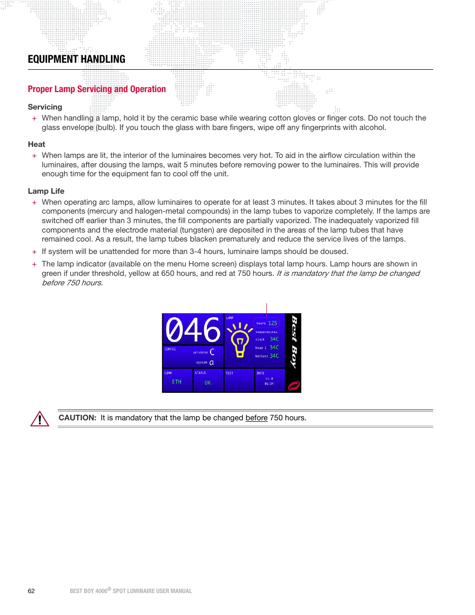 Equipment handling, Proper lamp servicing and operation | PRG Best Boy 4000 User Manual User Manual | Page 70 / 102