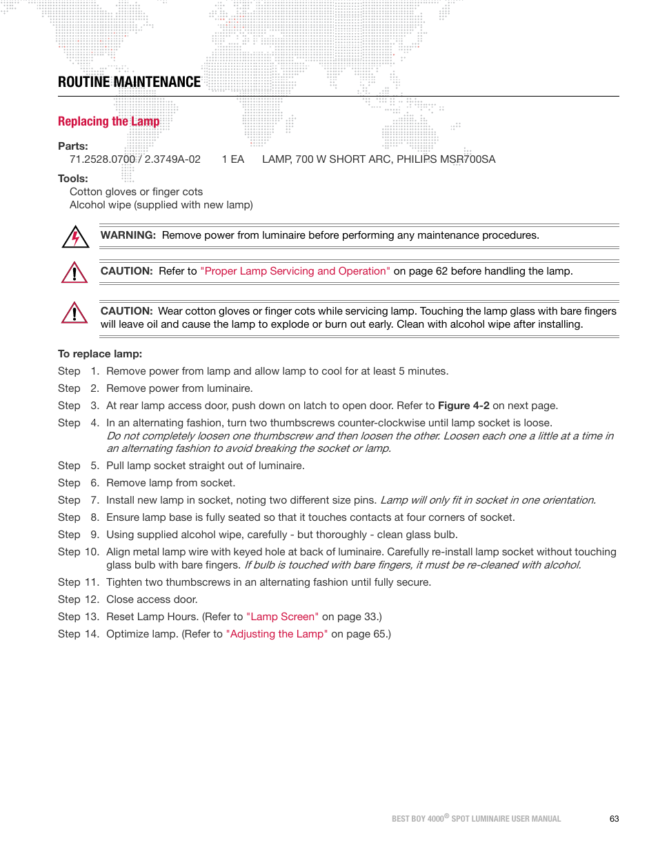 Routine maintenance, Replacing the lamp | PRG Best Boy 4000 User Manual User Manual | Page 71 / 102