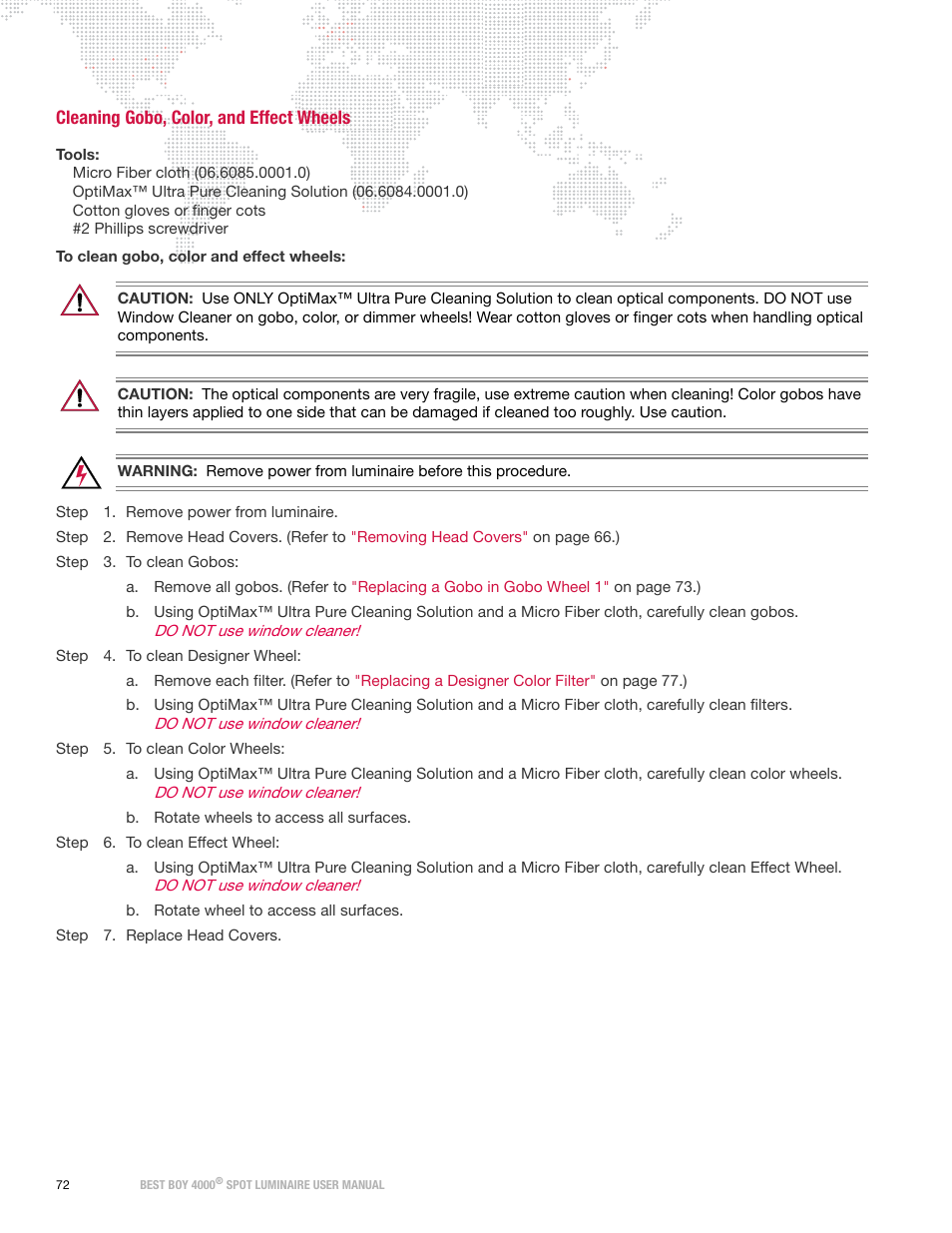 Cleaning gobo, color, and effect wheels | PRG Best Boy 4000 User Manual User Manual | Page 80 / 102