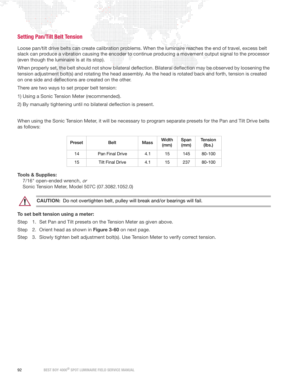 Setting pan/tilt belt tension | PRG Best Boy Field Service Manual User Manual | Page 100 / 120