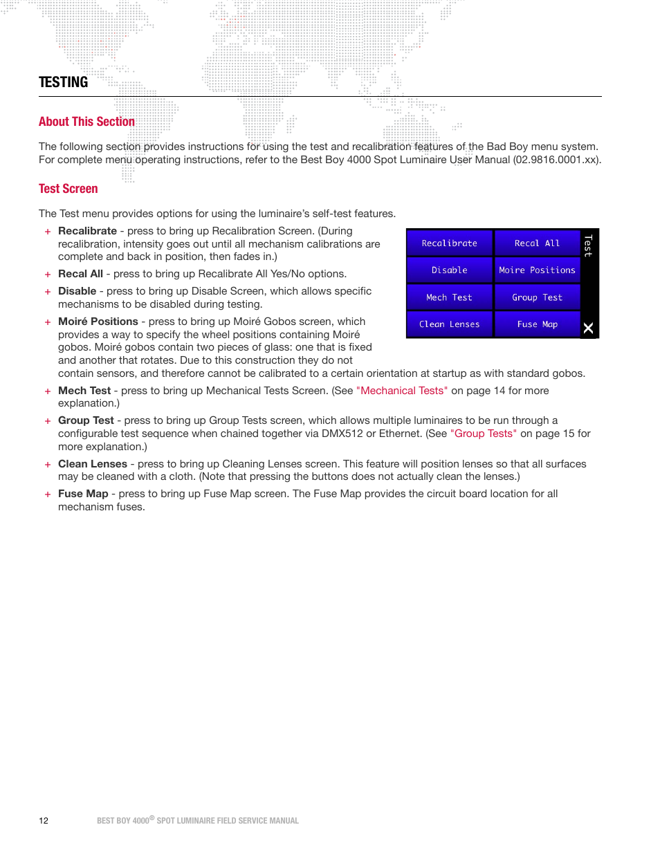 Testing, About this section, Test screen | PRG Best Boy Field Service Manual User Manual | Page 20 / 120