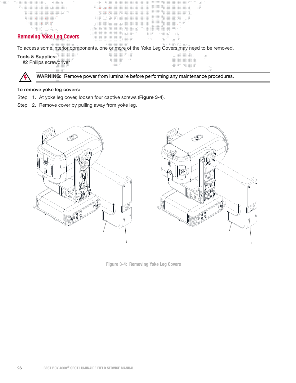 Removing yoke leg covers | PRG Best Boy Field Service Manual User Manual | Page 34 / 120