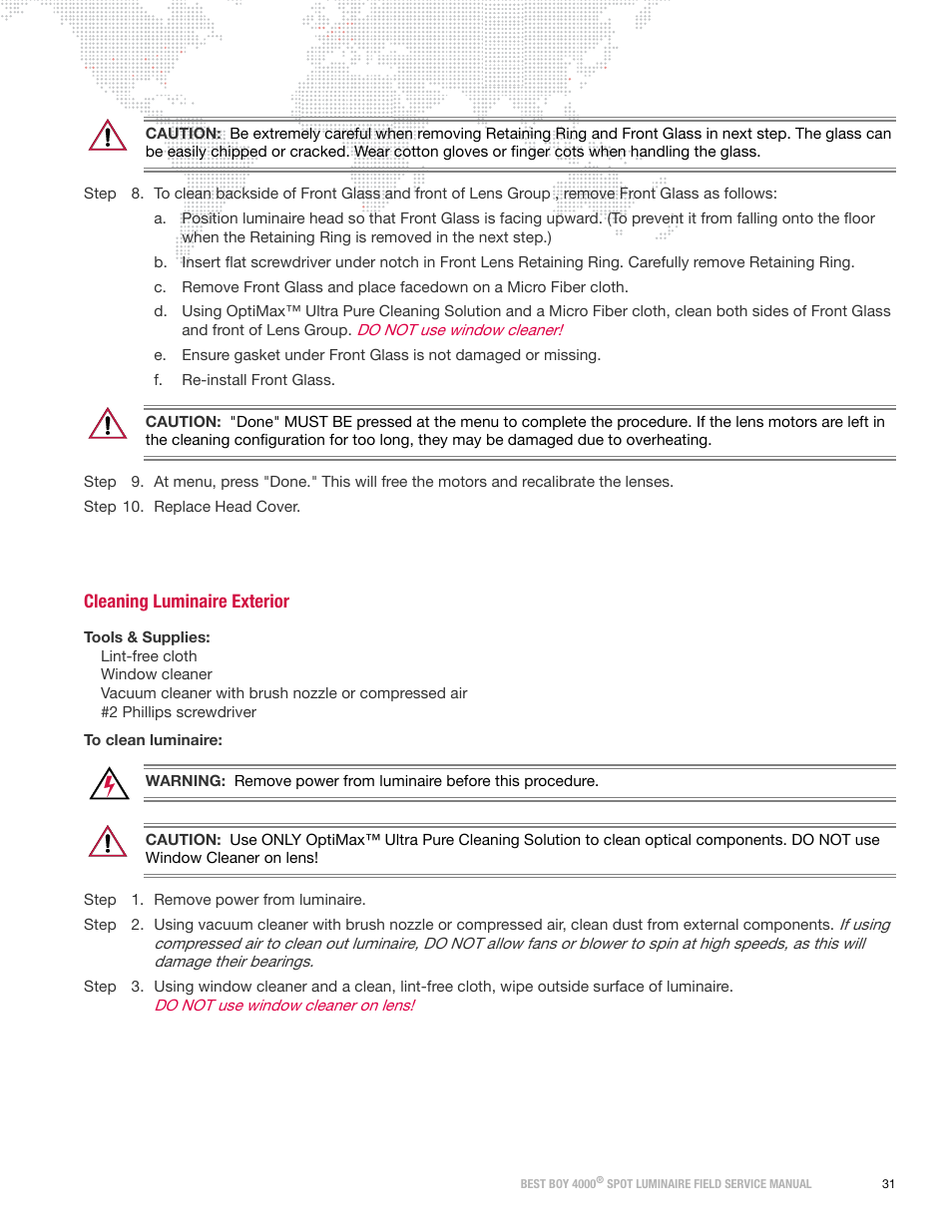 Cleaning luminaire exterior | PRG Best Boy Field Service Manual User Manual | Page 39 / 120