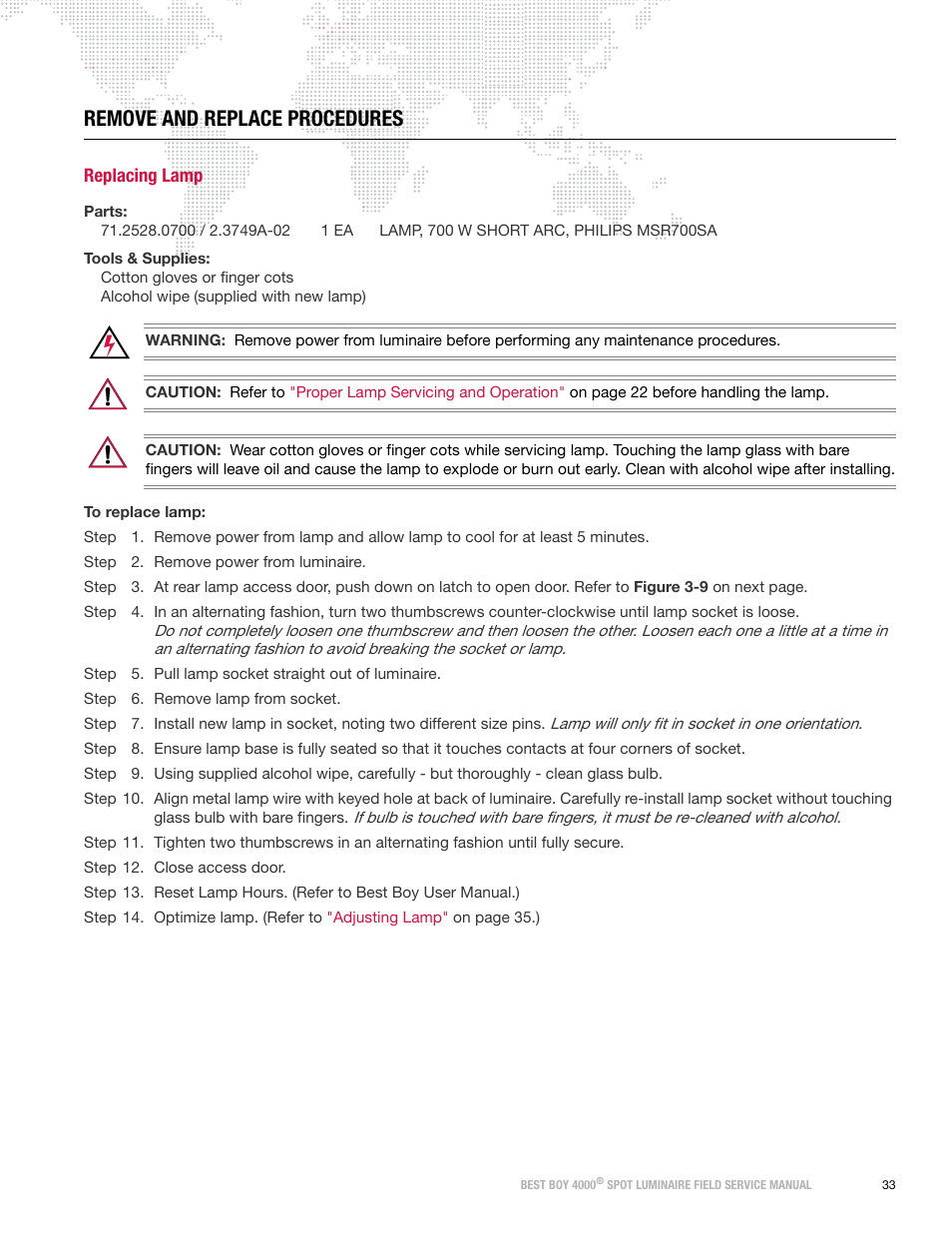 Remove and replace procedures, Replacing lamp | PRG Best Boy Field Service Manual User Manual | Page 41 / 120