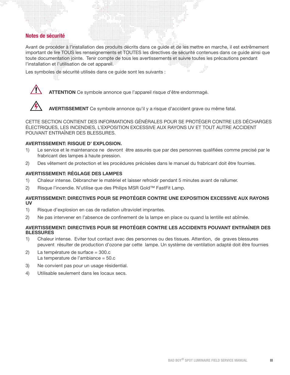 Notes de sécurité | PRG Best Boy Field Service Manual User Manual | Page 5 / 120