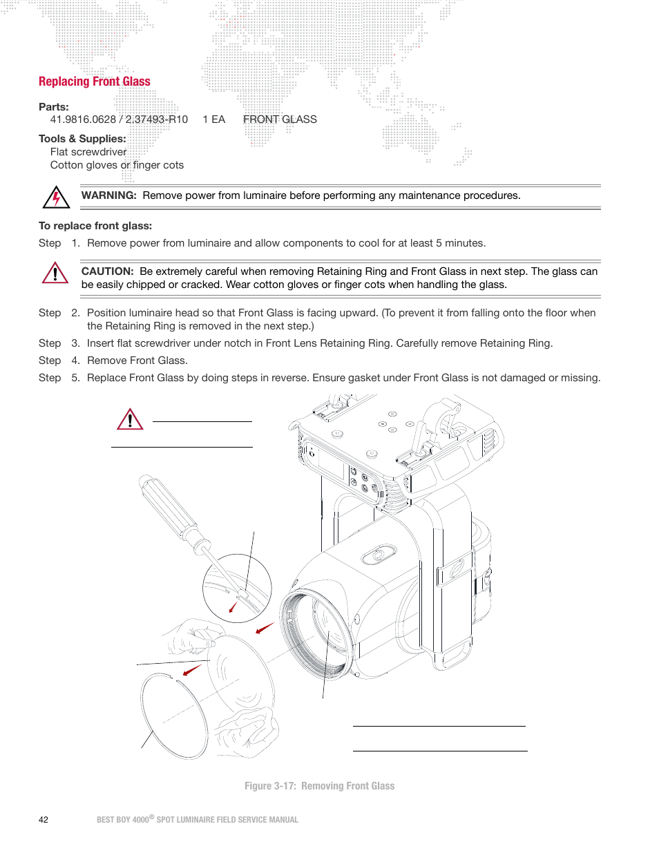 Replacing front glass | PRG Best Boy Field Service Manual User Manual | Page 50 / 120