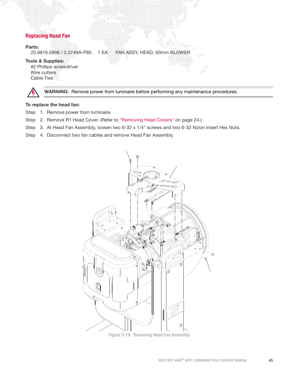 Replacing head fan | PRG Best Boy Field Service Manual User Manual | Page 53 / 120