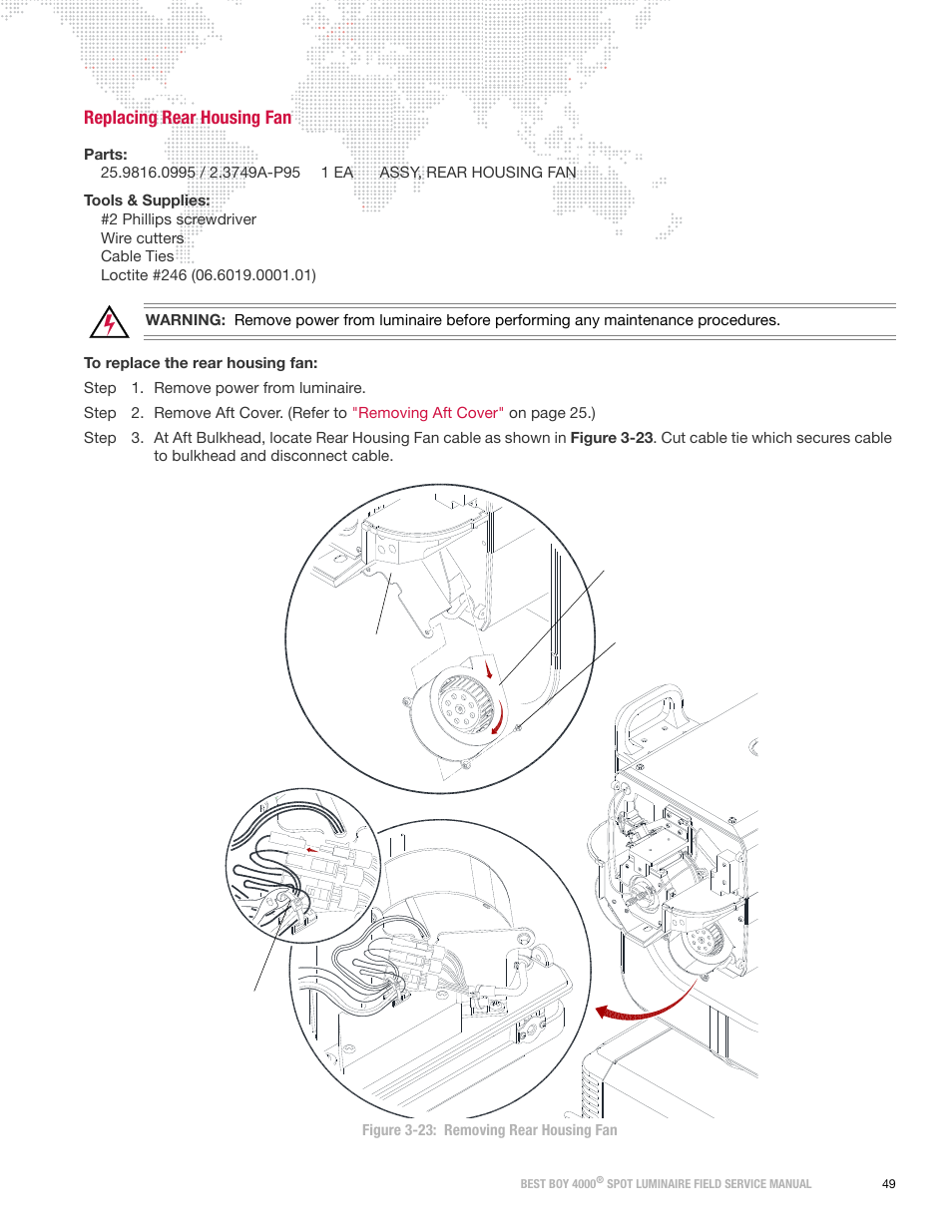 Replacing rear housing fan | PRG Best Boy Field Service Manual User Manual | Page 57 / 120