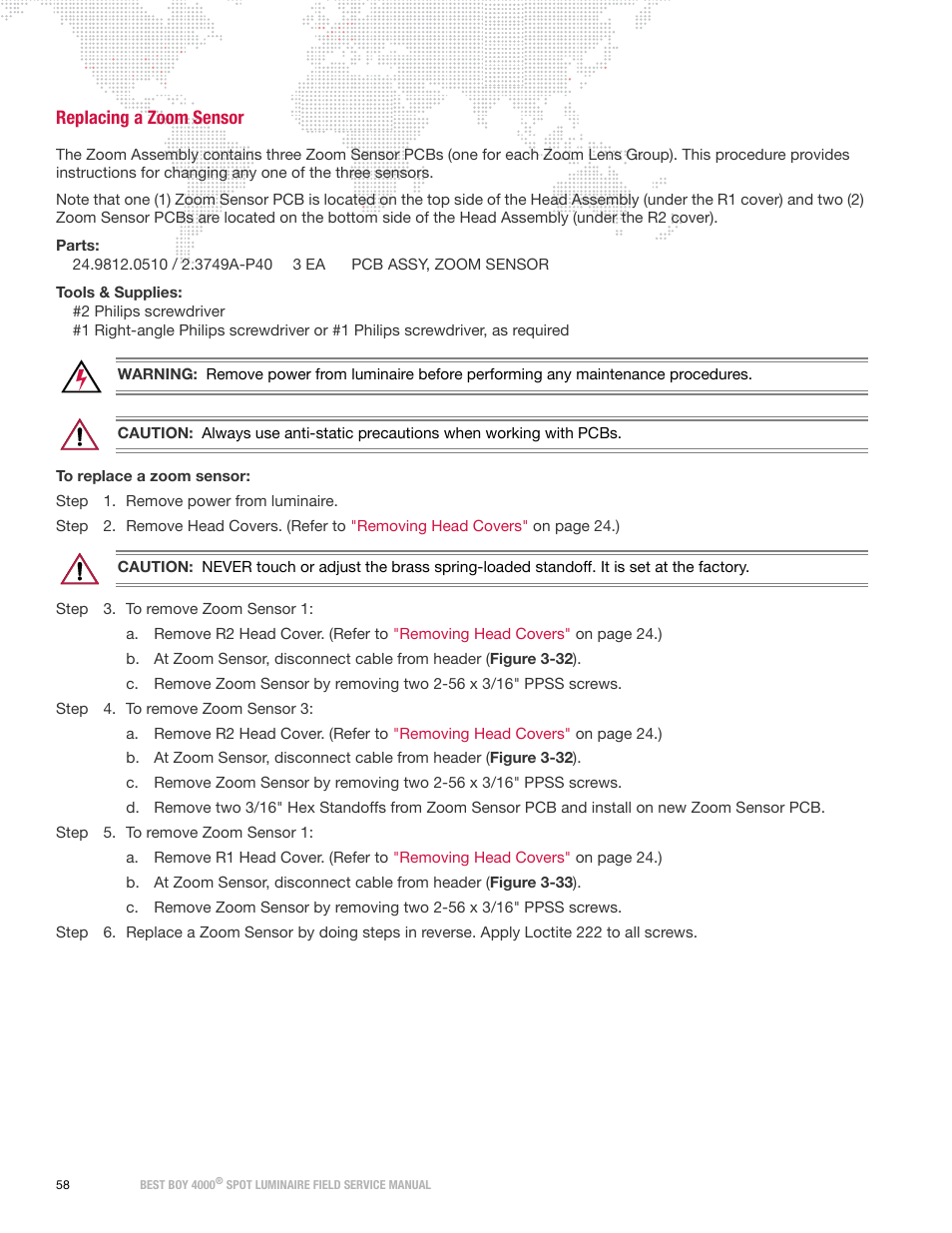 Replacing a zoom sensor | PRG Best Boy Field Service Manual User Manual | Page 66 / 120