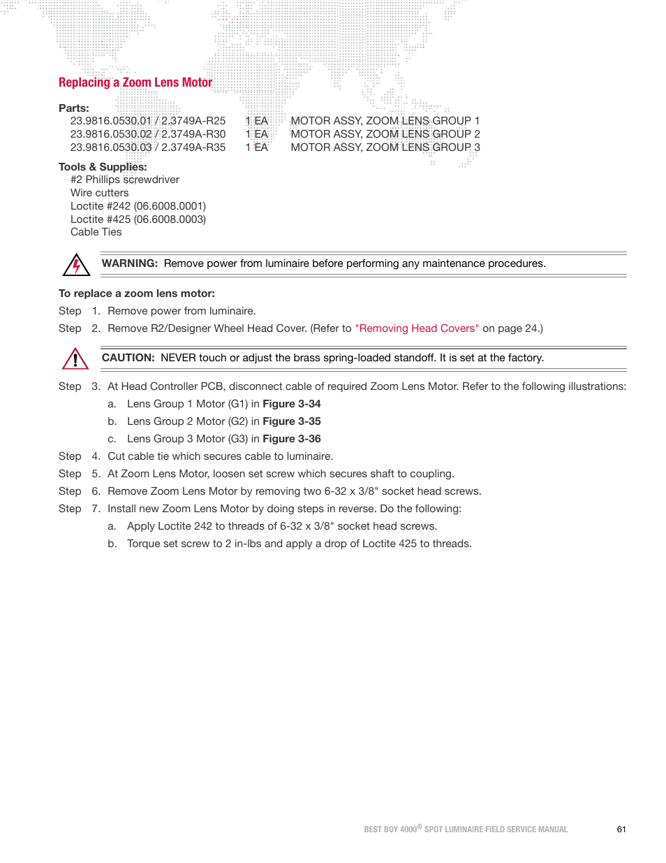 Replacing a zoom lens motor | PRG Best Boy Field Service Manual User Manual | Page 69 / 120