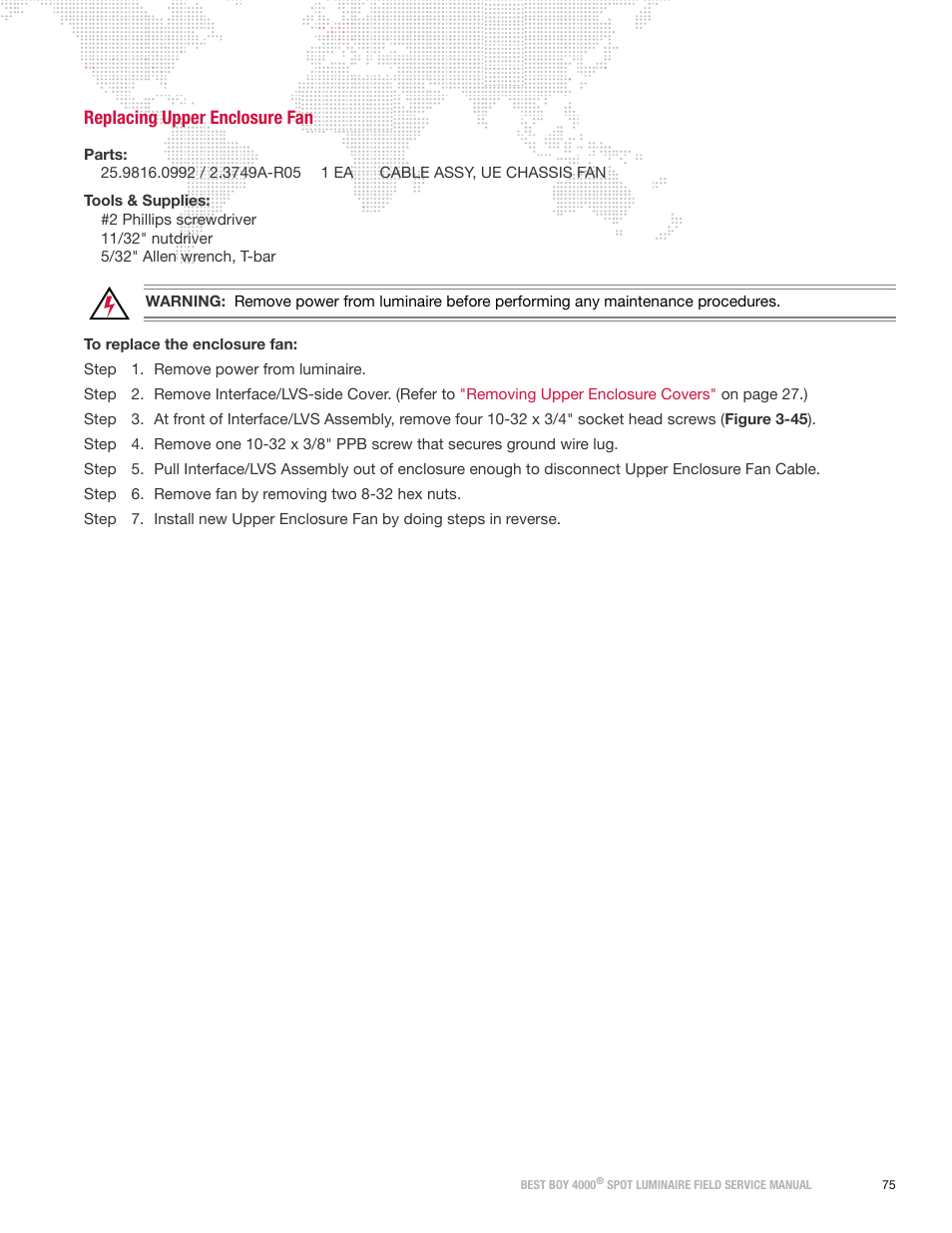 Replacing upper enclosure fan | PRG Best Boy Field Service Manual User Manual | Page 83 / 120