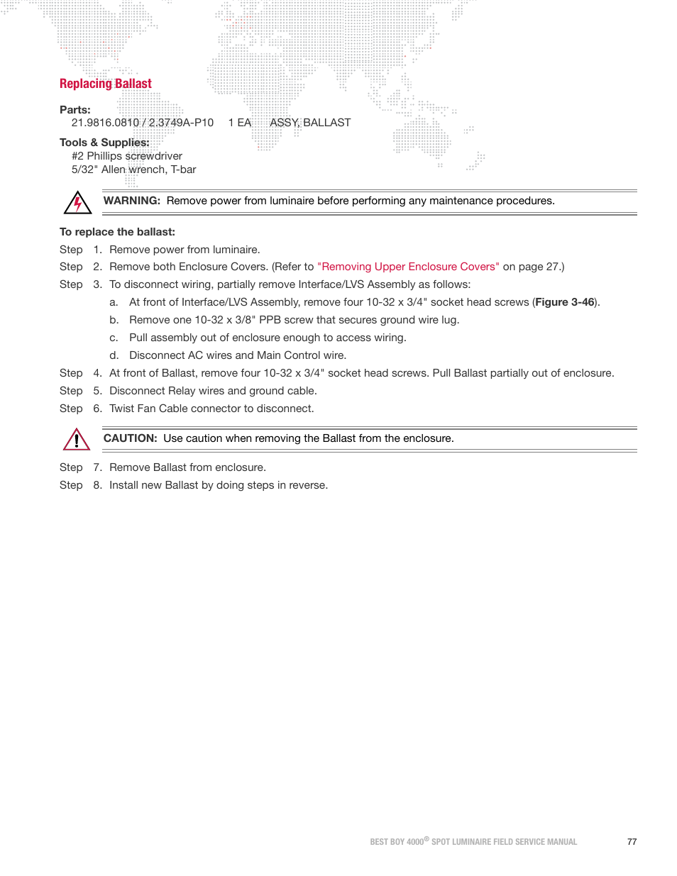 Replacing ballast | PRG Best Boy Field Service Manual User Manual | Page 85 / 120