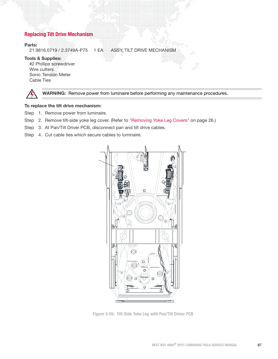 Replacing tilt drive mechanism, Tilt pan | PRG Best Boy Field Service Manual User Manual | Page 95 / 120