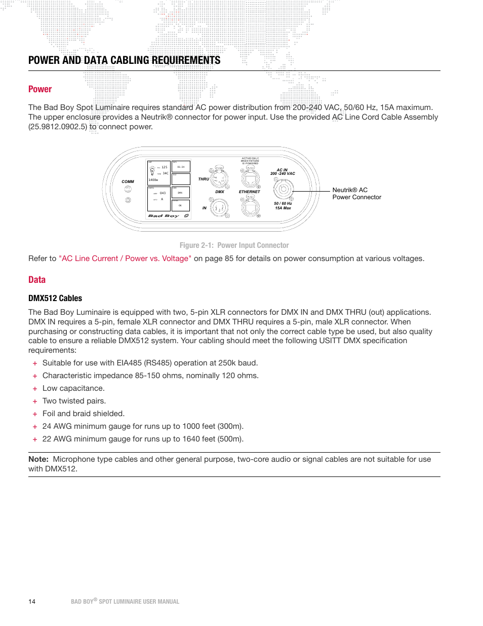 Power and data cabling requirements, Power, Data | Dmx512 cables, Power data | PRG Bad Boy User Manual 1.6 User Manual | Page 22 / 104