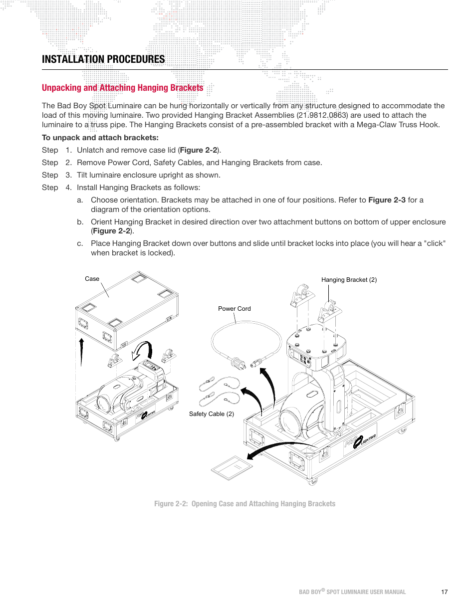 Installation procedures, Unpacking and attaching hanging brackets | PRG Bad Boy User Manual 1.6 User Manual | Page 25 / 104