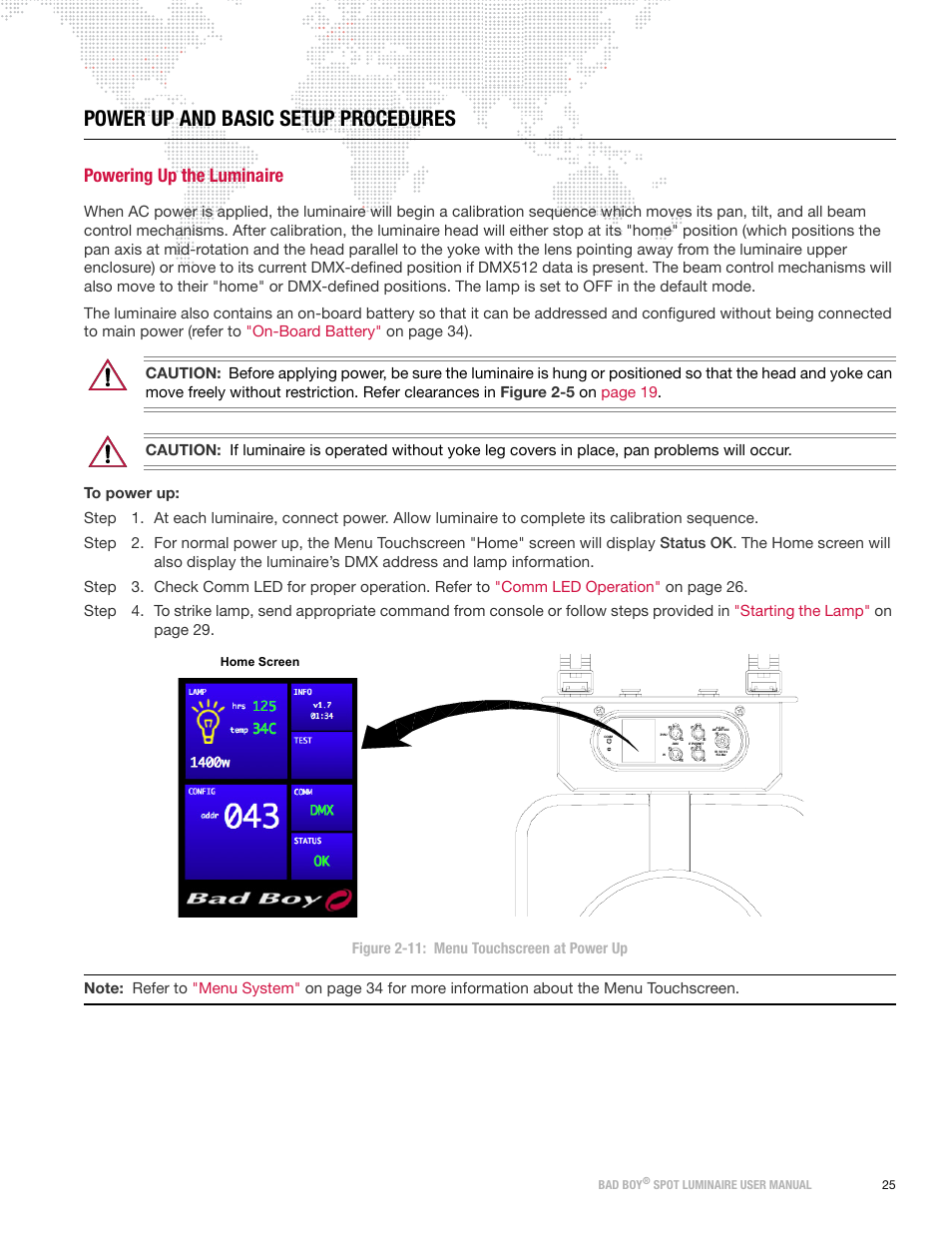 Power up and basic setup procedures, Powering up the luminaire | PRG Bad Boy User Manual 1.6 User Manual | Page 33 / 104